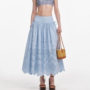 Self Portrait Blue Cotton Broderie Midi Skirt